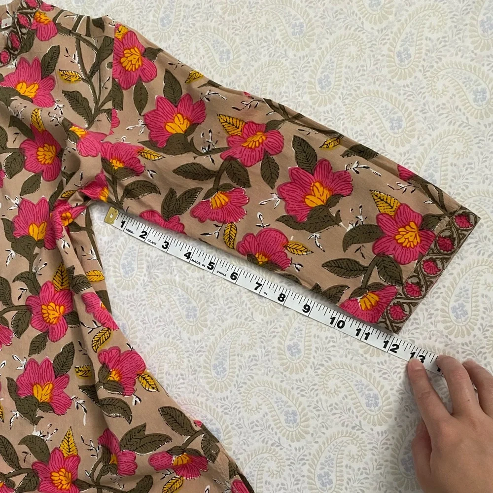 Akkriti 100% cotton floral blouse 3/4 sleeve, pink tan yellow - Picture 9 of 11